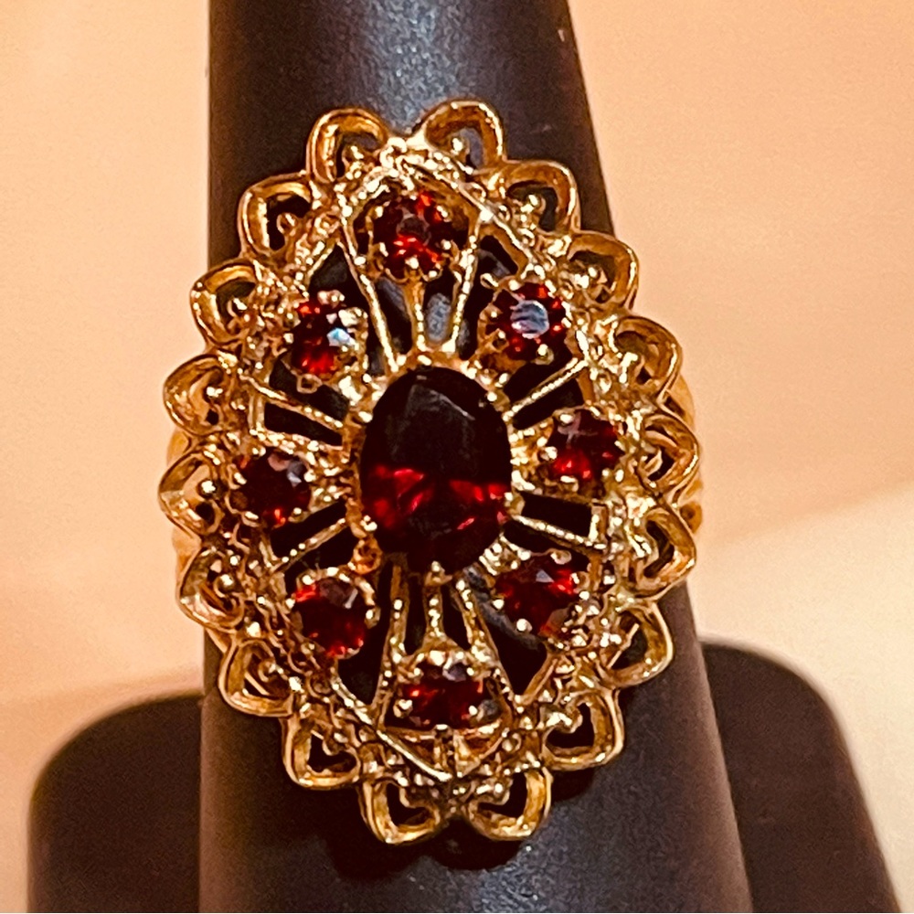 Gold-Tone Red Garnet Style Oval Filigree Ring